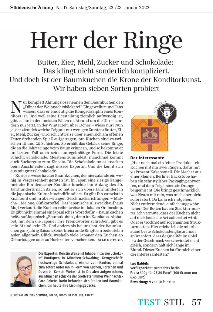 Süddeutschezeitung testet Baumkuchen - twoRabbits auf Platz 1